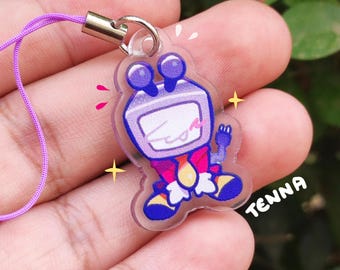 Pingente de celular Tenna em acrílico: acessório artesanal com personagem retrô de TV.
