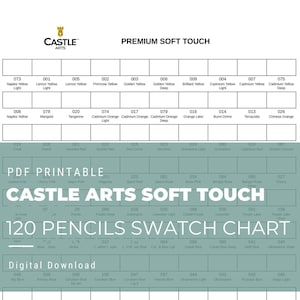 May include: A color chart for 120 Castle Arts Premium Soft Touch pencils. The chart shows the color names and numbers for each pencil. The colors are arranged in rows and columns, with the color names printed below each pencil. The chart is printed on a white background with a blue border.