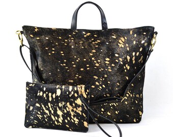 Nicole - Handmade Black & Gold Hair On Hide Leather Tote Bag With Detachable Clutch AW17