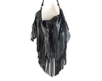 Noelle - Black Leather Hobo Shoulder Bag Handmade SS18