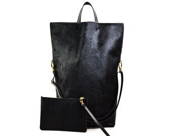 Nicole - Handmade Oversized Black Hair On Hide Leather Tote Bag SS17
