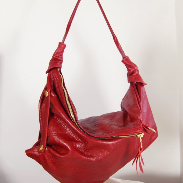 SALE Rebecca - Twin Size Red Leather Hobo Shoulder Bag Handmade In England