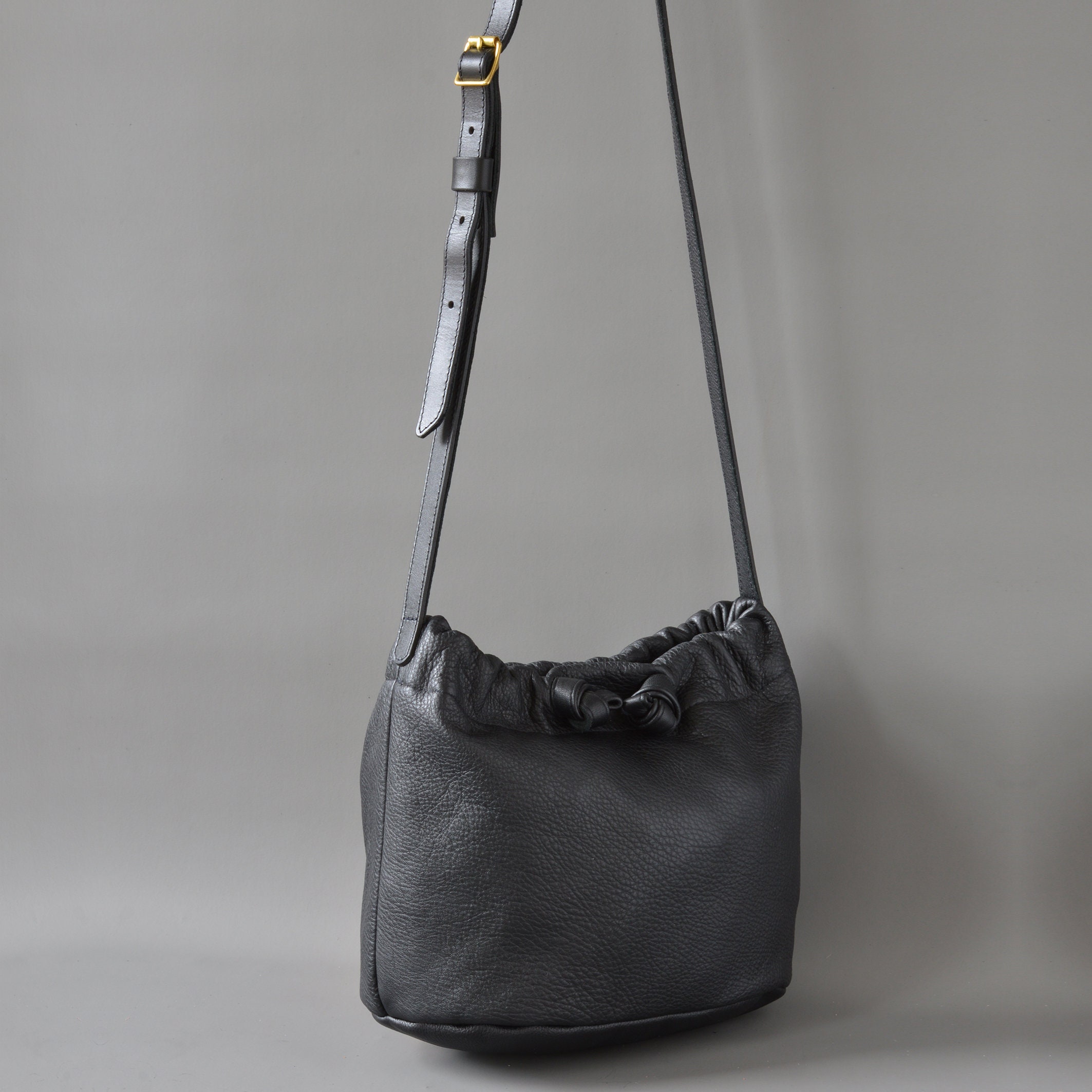 Black Leather Bucket Shoulder Bag Handmade. Etsy