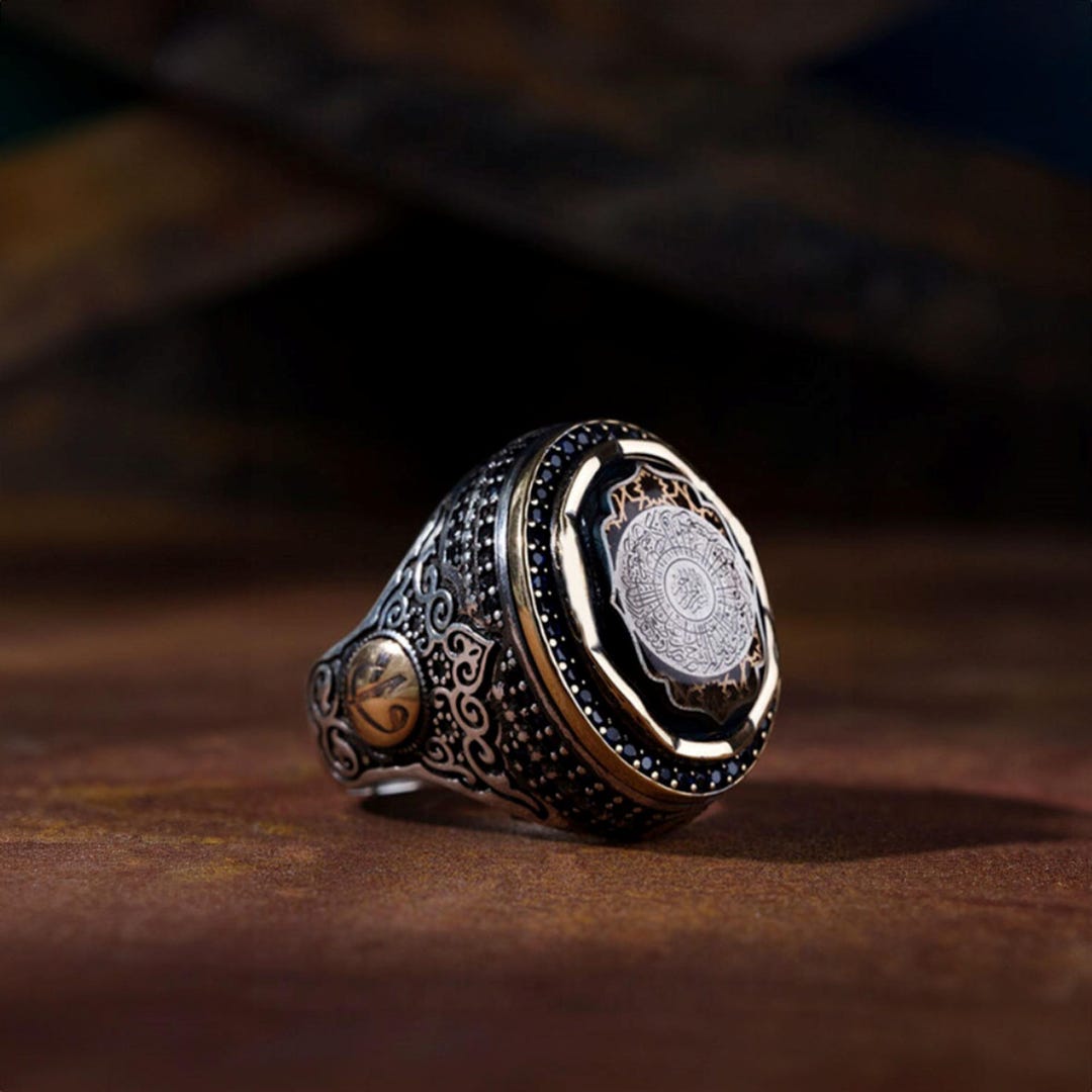 Men's Sterling Silver Islamic Ring, Arabic Calligraphy, Sapphire Stone ...