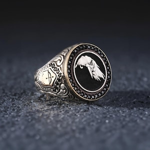 Zilveren adelaarskop gegraveerde ring met zwarte onix-stenen - unieke sieraden - handgemaakte pijl en boog gegraveerde ring met adelaarskop