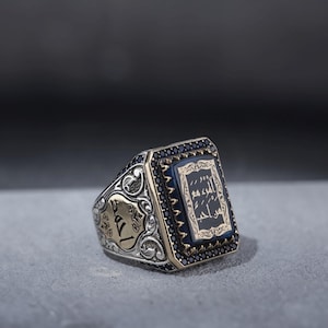Aangepaste ring Arabische kalligrafie, zilverblauwe barnsteenzegel heren heren, sieraden Kufi-schrift