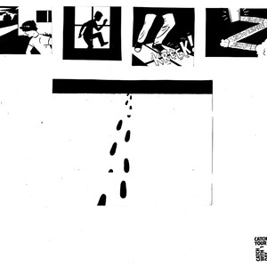 Puede incluir: Ilustración de cómic en blanco y negro de una persona que huye de una figura oscura. La persona corre por una acera con huellas de pies detrás de ella. El texto "Catch up with your life. Catch up with the competition." está en la esquina inferior derecha de la imagen.