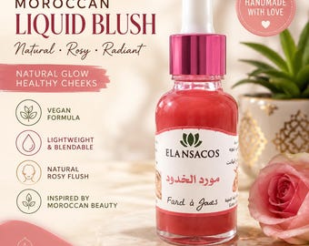 Natural Moroccan Liquid Blush Cheek Tint, Rose Water Glow Makeup, Handmade Vegan Face Tint for Radiant Cheeks