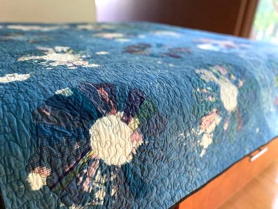 Indigo and Bleach Dyed Vintage Dresden Plate Quilt