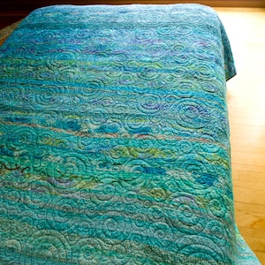 King Size Modern Quilt Handmade Ocean Ombre Turquoise Blue Bed Quilt Coastal Decor Teal Custom Made Fiber Art King Quilt King Size Bedding