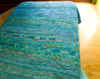 King Size Modern Quilt Handmade Ocean Ombre Turquoise Blue Bed Quilt Coastal Decor Teal Custom Made Fiber Art King Quilt King Size Bedding