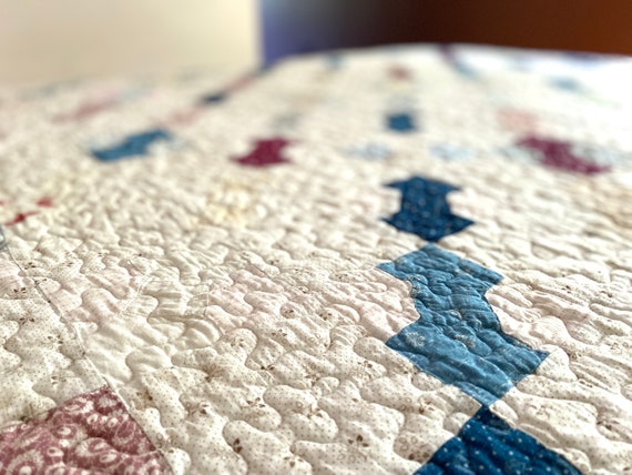 Bow Tie Vintage Quilt: Handmade Throw Size Rescue Quilt