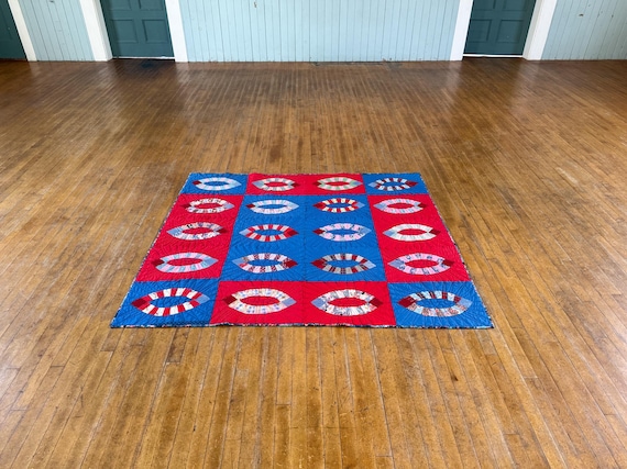 Vintage Handsewn Melon Slices Quilt: Red, White, and Blue Americana