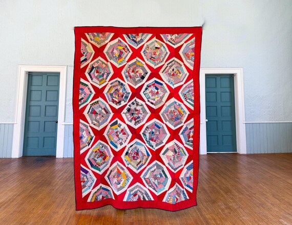 Vintage Red Spider Web String Quilt - Twin Size or Throw 64 x 89
