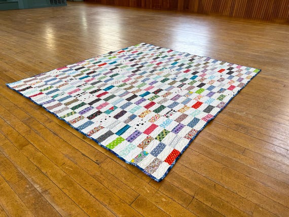 Chinese Coins Variation or Brick Vintage Quilt: Handmade Throw Size Vintage Rescue Quilt