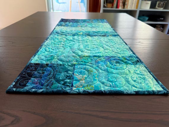 Turquoise Blue Quilted Table Runner OR Fiber Art Wall Hanging