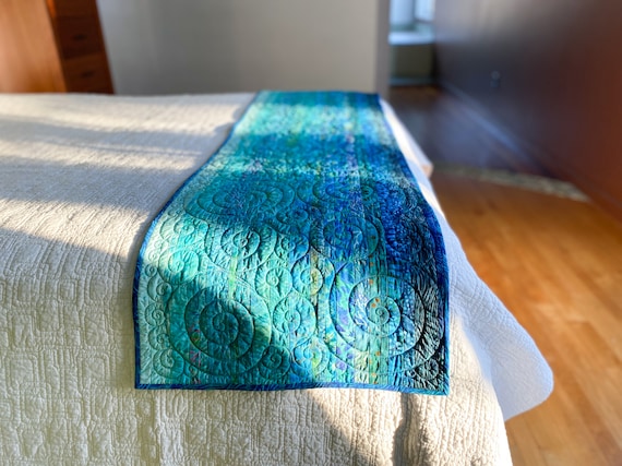 Oceanic Dreams Quilted Bed Runner, Accent Quilt Made to Order in Any Size, Modern Quilt Table Runner or Bed Accent, Modern Quilt Wall Art