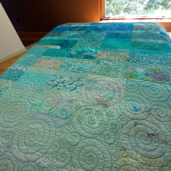 1st Payment for Custom Order King Size Quilt for JO- Modern Quilt King Quilt Ocean Rain Turquoise Modern Art Quilt Fiber Art Quilt
