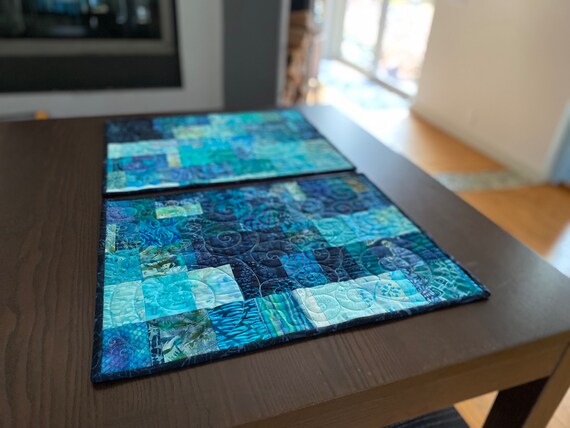 Modern Quilted Placemats, Turquoise Blue Kitchen Table Settings, Teal and Dark Blue Patchwork Quilted Placemats, Set of 2
