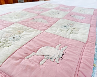 Vintage Baby Bunny Quilt: Embroidered Appliqué, 1930s Calico Backing