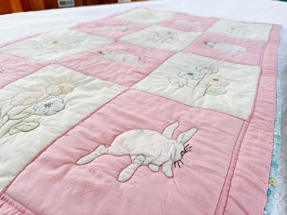 Vintage Pink and Blue Baby Bunny Quilt, Bunny Crib Quilt