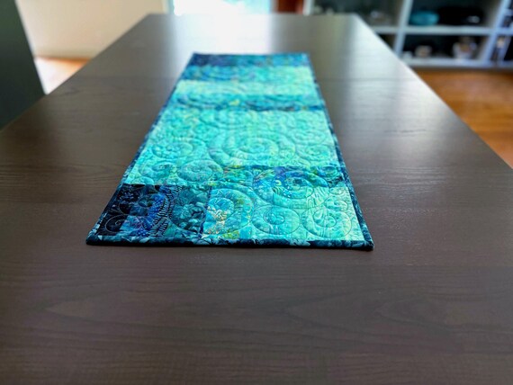 Turquoise Blue Quilted Table Runner OR Fiber Art Wall Hanging