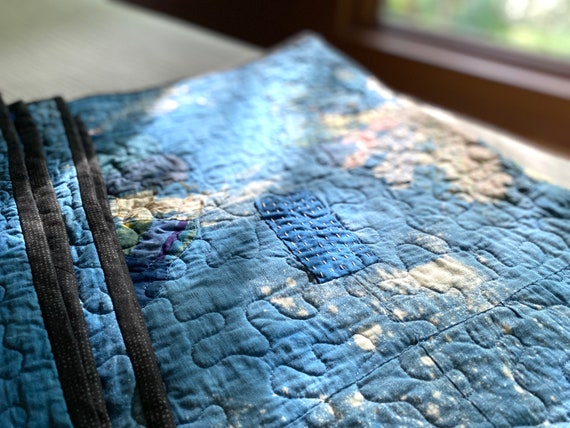 Indigo and Bleach Dyed Vintage Dresden Plate Quilt