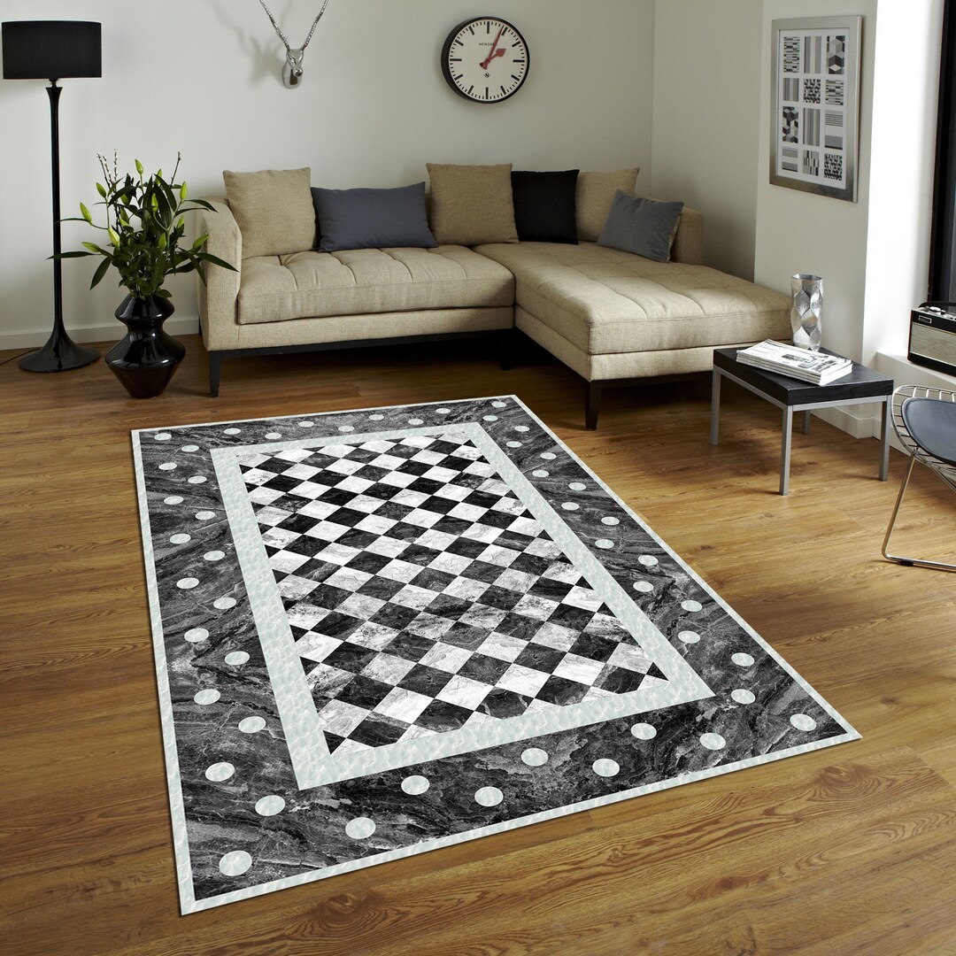 Faded Checkerboard Rug Black and White Rug, Checkerboard Rug, Living Room Rug, Framed Area Rug ...