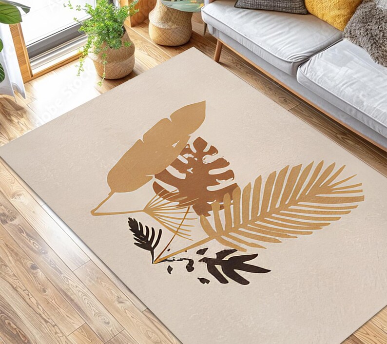 Palm Rug Tropical Palm Leaf Rug, Beige Monstera Print, Eco Chic - Etsy