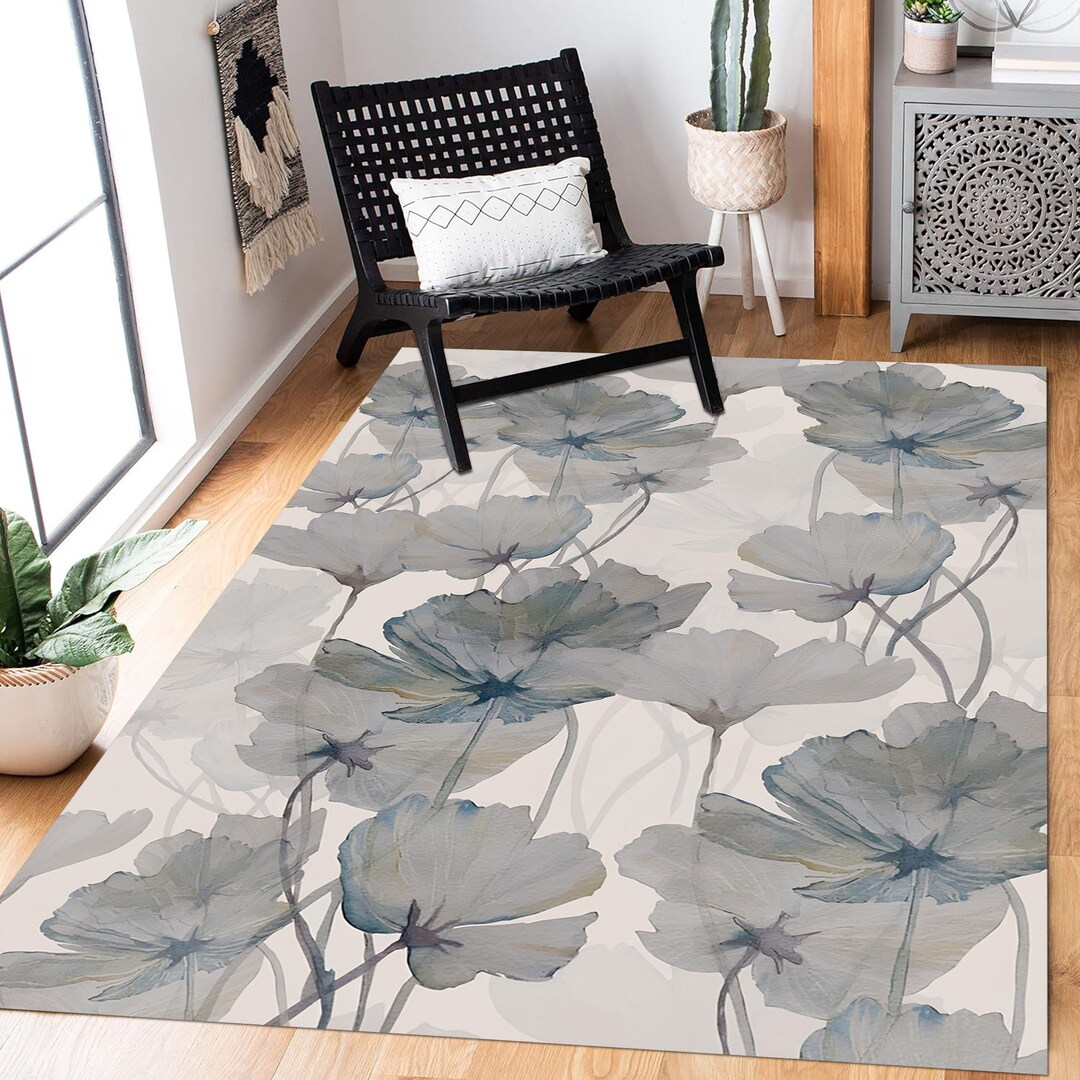 Flower City Rug Gray Floral Area Rug, Watercolor Flowers, Non-slip Cotton Backing - Etsy