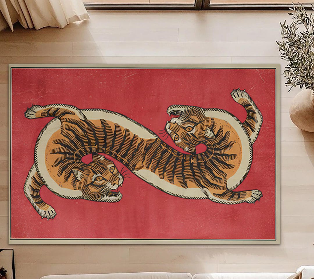 Eclectic Red and Orange Tiger Print Rug for Maximalist Home , Two Tiger ...