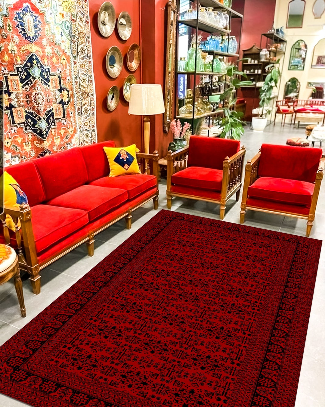 Red Turkish Style Rug Red Turkish Rug: Vintage Anatolian Design, Non-slip Area Carpet - Etsy