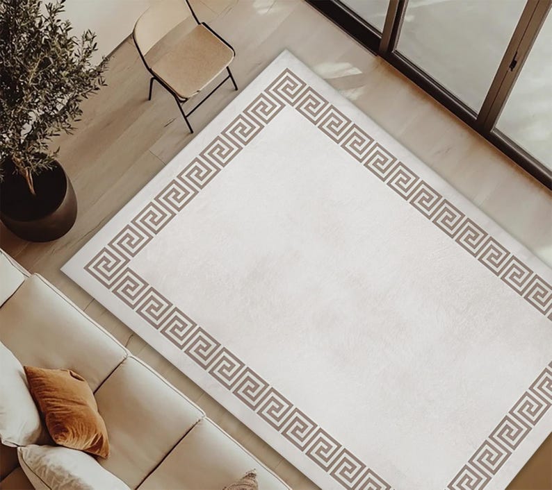 Greek Design Themed Carpet ,classic Meander Pattern Mat , Beige ...