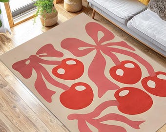 Red Cherry Rug, Ribbon Design, Vibrant Accent Carpet