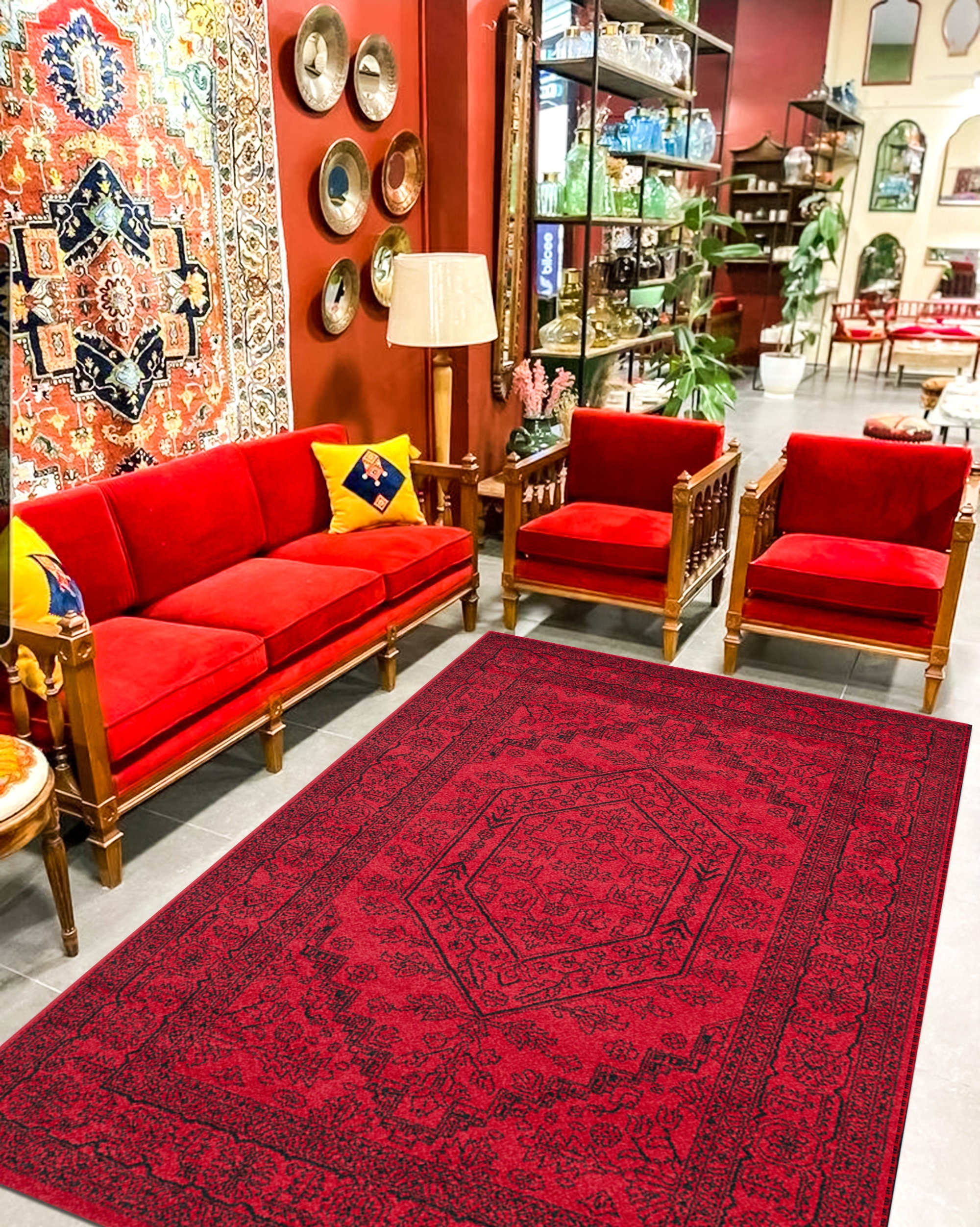 トルコ絨毯、アナトリア絨毯、赤い絨毯、ヴィンテージ柄絨毯、リビング