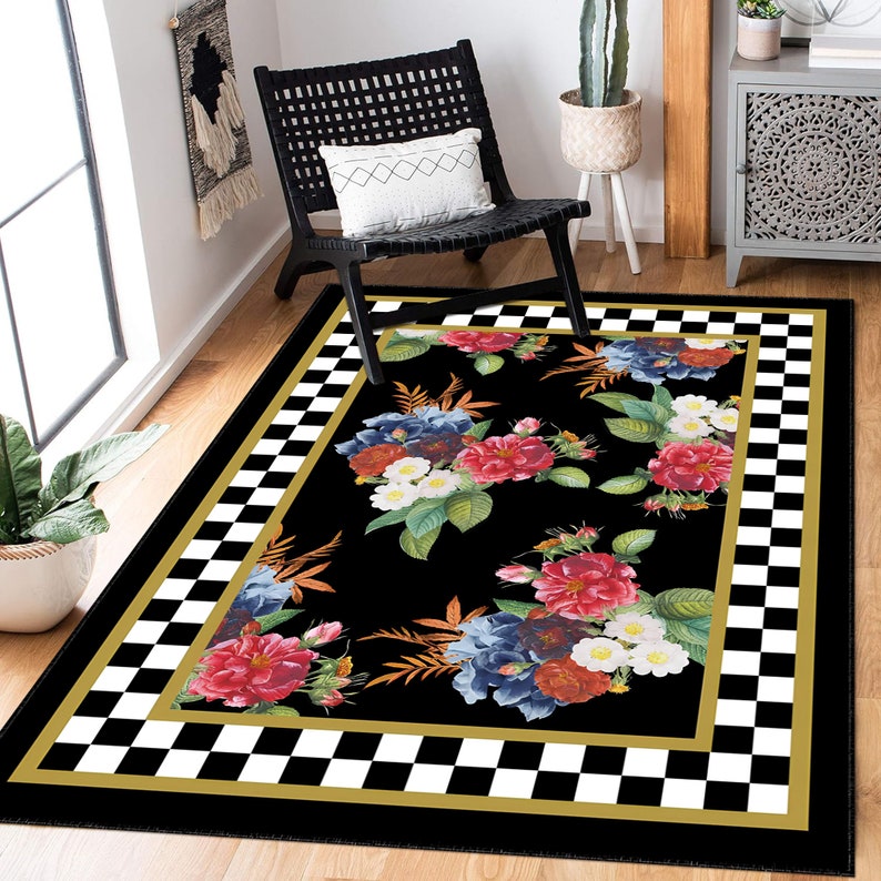 Floral Area Rug, Black Checkers Border, Non-slip Cotton Backing - Etsy