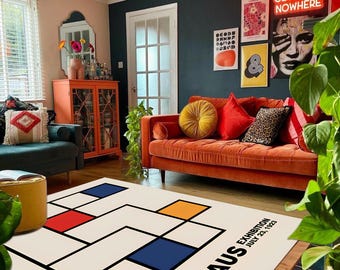 Alfombra estilo Bauhaus con diseño geométrico abstracto para decoración moderna del hogar.