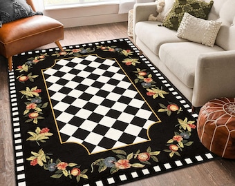 Embrodiered Pattern Area Rug,DinningRoom Decor Flowers Rug,Black Diamond Runner,Floral Floor Art, Checkers Rug, Saloon Rug, Living Room Rug.