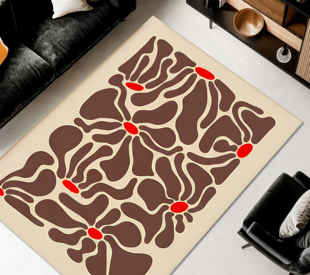 Dark Red Floral Area Rug, Modern Flower Design, Machine Washable - Etsy