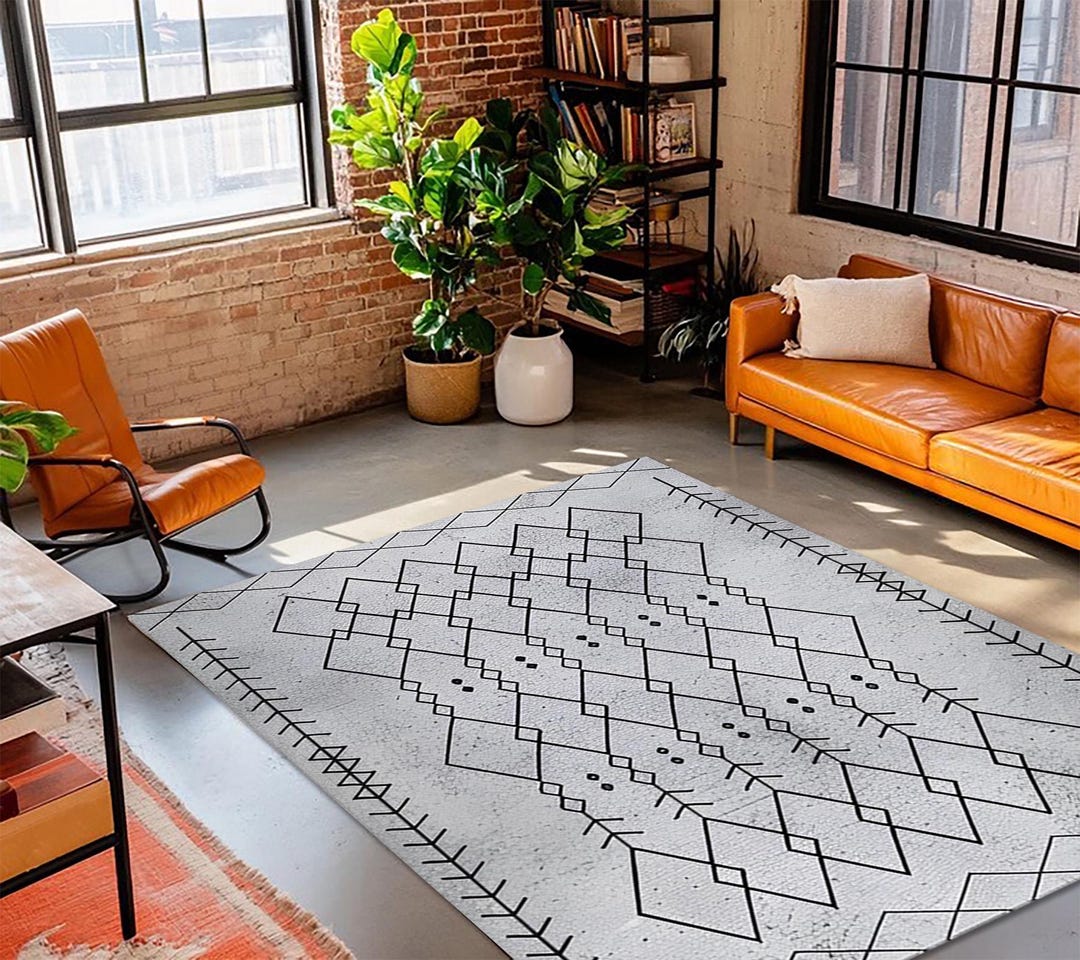 Rhombus Geometric Rug, Black Line Design, Washable Anti-slip - Etsy
