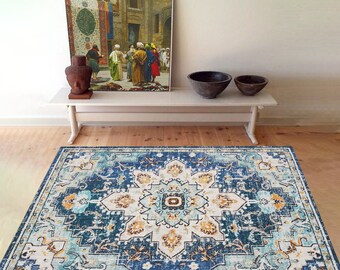 Blue Bohemian Turkish Rug: Vintage Anatolian Design, Non-Slip, Machine Washable