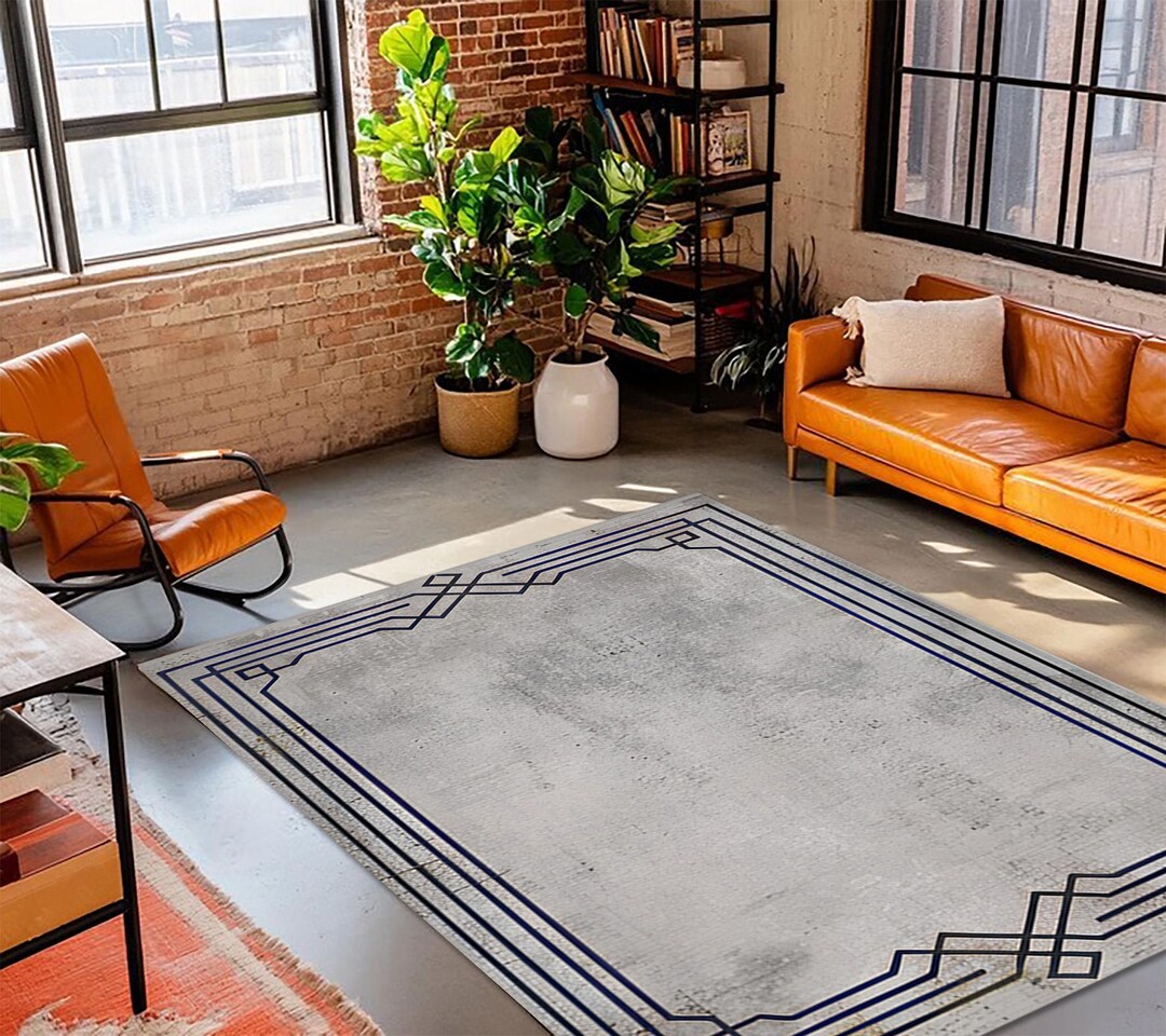 Rug Frameborder Deco Border Rug, Geometric Frame, Modern Blue Accent, Machine Washable ...