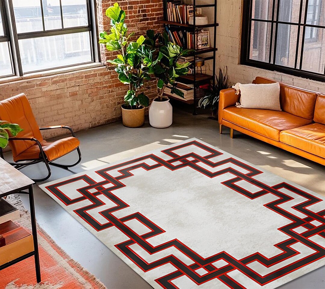 Red Greek Key Rug, Beige Modern Carpet, Anti-slip Accent - Etsy