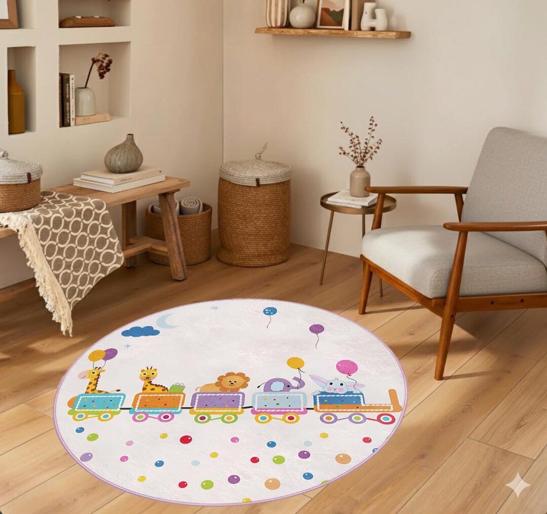 Classroom Train Rug Train Themed Kid's Room Round Rug , Creative Balloon Safari Circle ...