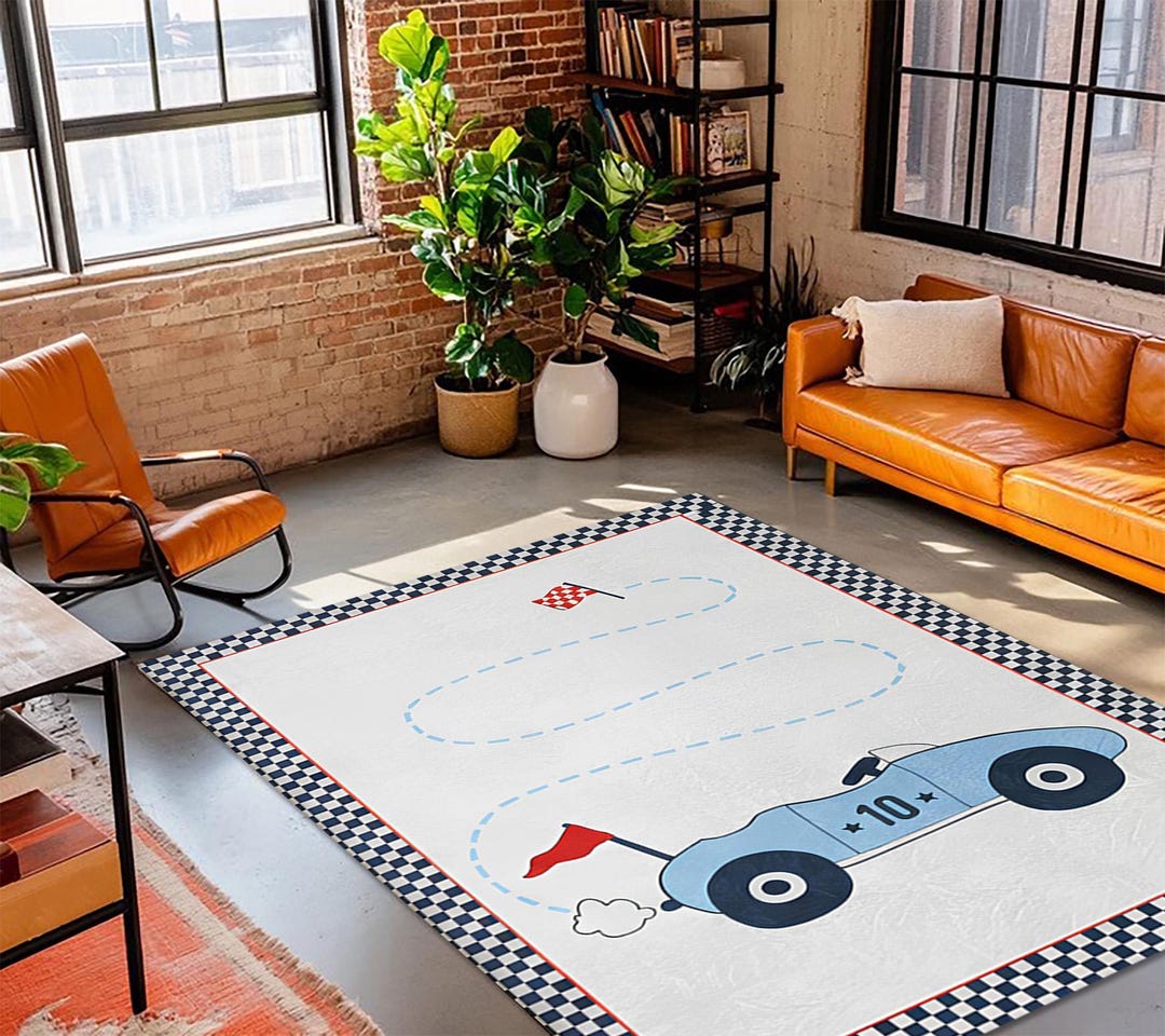 Racecar Themed Rug , Checkered Flag Design Mat , Children's