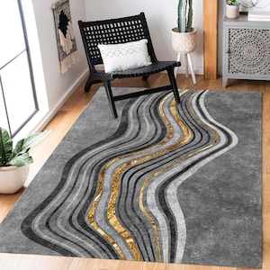 Marble Rug, Marble Pattern Rug, Gray Rug, Living Room Rug, Gold Rug, Area Rug,  Machine Washable Carpet, Non-Slip Carpet, Modern Rug