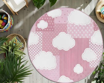 Pink Cloud Round Rug, Nursery Playroom Decor, Anti-Slip