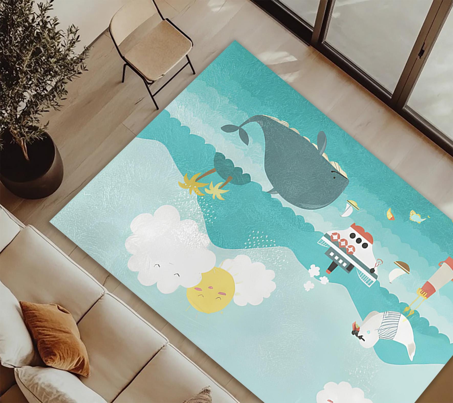 Cartoon Ocean Rug, Kids Nursery, Teal Nautical Carpet - Etsy