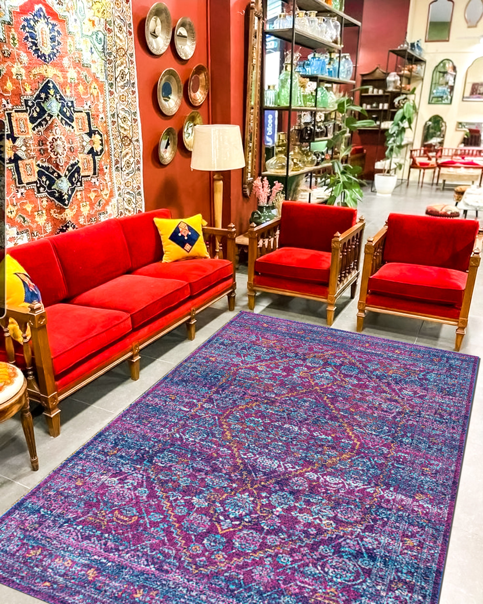 パープルラグ、タンブルドルックカーペット、ヴィンテージデザインラグ