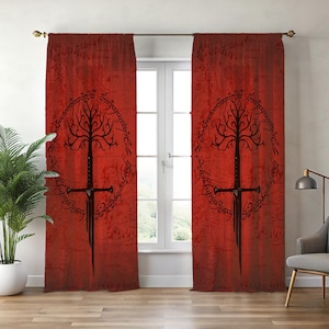 May include: Red velvet curtains with a black sword design, a tree, and circular text. The curtains hang in front of a window, with a plant and chair in the room. These curtains add a decorative touch to the room.